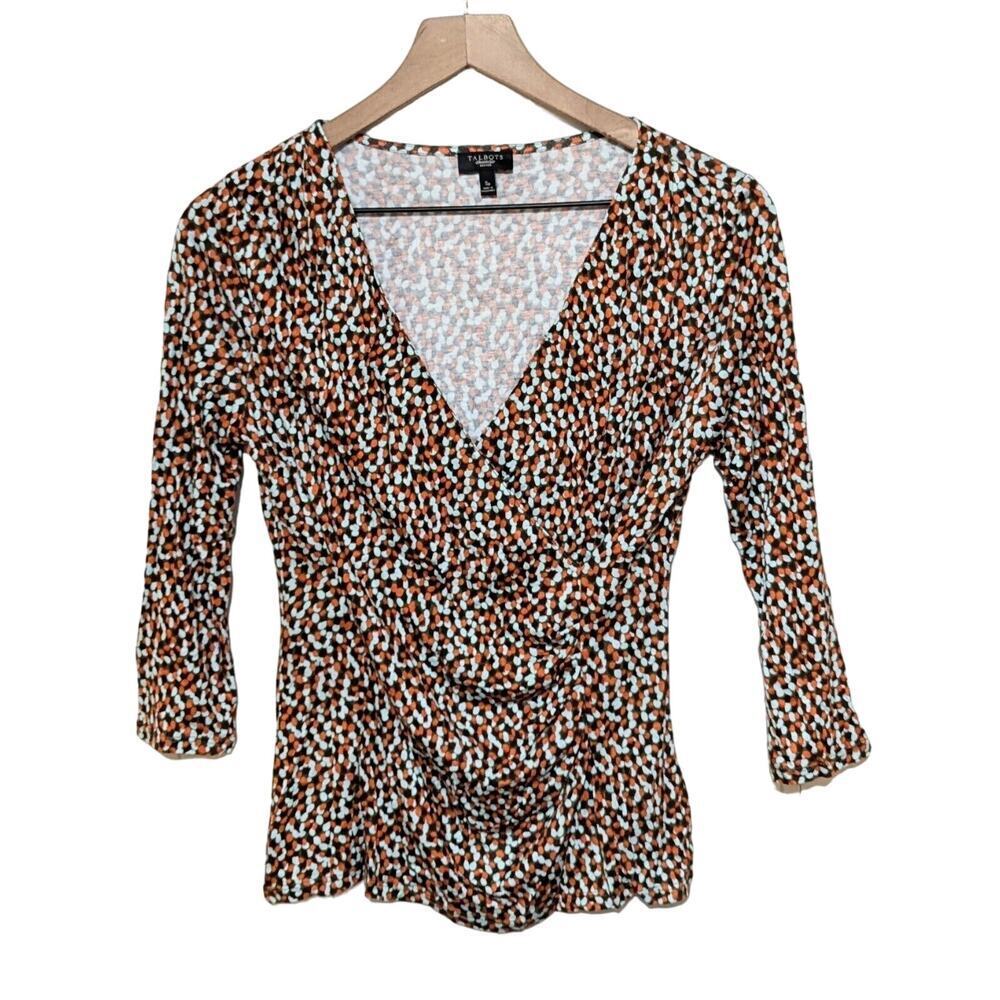 Talbots Petites Top Womens SP Orange Blue Dots Faux Wrap V Neck Blouse PS NWT